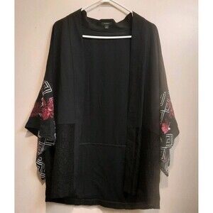Alfani Berry Shimmer Kimono Cardigan Womens S/M Black Floral Lace Open Front Top